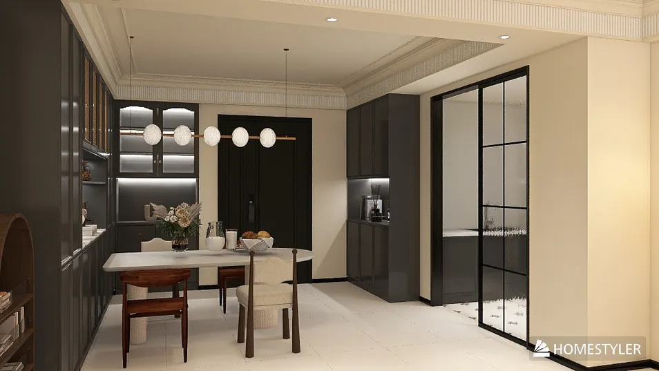 Modern kitchen with a dining area featuring a sleek table and chairs, designed for functional elegance, utilizing Homestyler's real-time 3D rendering for a captivating interior decor experience.