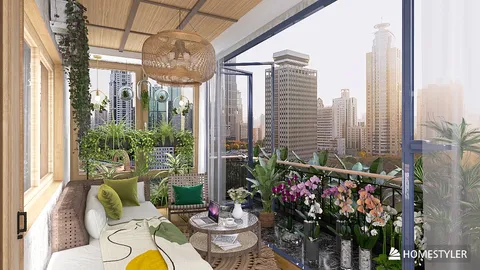 balcony garden with potted plants showcasing urban views in a modern style creating a tranquil outdoor space, featuring Homestyler’s real-time 3D rendering for design visualization