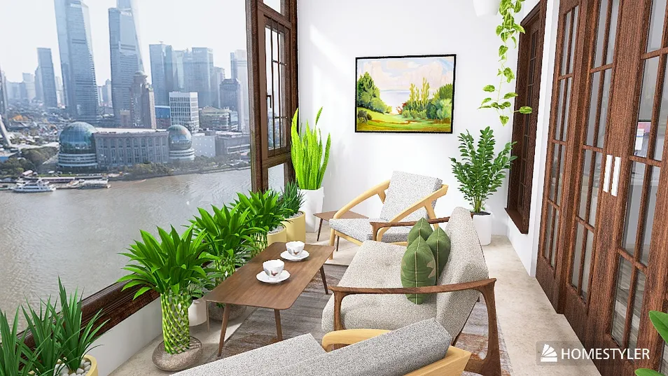 cozy balcony seating arrangement overlooking the city skyline in a modern style with green plants for a refreshing interior decor, showcasing Homestyler's real-time 3D rendering feature.