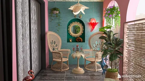 Bohemian style seating area with wicker chairs and a round table in an outdoor space, showcasing vibrant colors and tropical decor, ideal for cozy gatherings, featuring Homestyler's real-time 3D rendering.