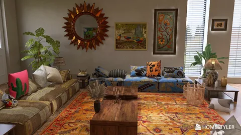 vibrant living room design showcasing a cozy arrangement with colorful textiles and plants, featuring a warm rug and decorative wall art, enhanced by Homestyler's real-time 3D rendering functionality for accurate design previews.
