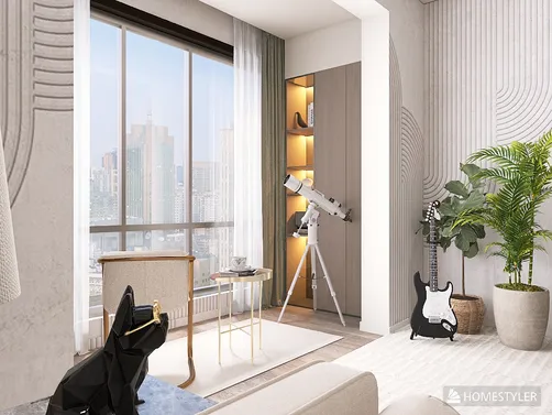 modern living room with telescope feature and guitar decor showcasing smart furniture arrangement and elegant style, optimized for small space using Homestyler's AR virtual furniture placement functionality.