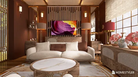 Cozy living room featuring a modern sofa arrangement, decorated in a rustic style with warm tones, offering a welcoming atmosphere for relaxation. Utilize Homestyler's real-time 3D rendering to preview design proposals.