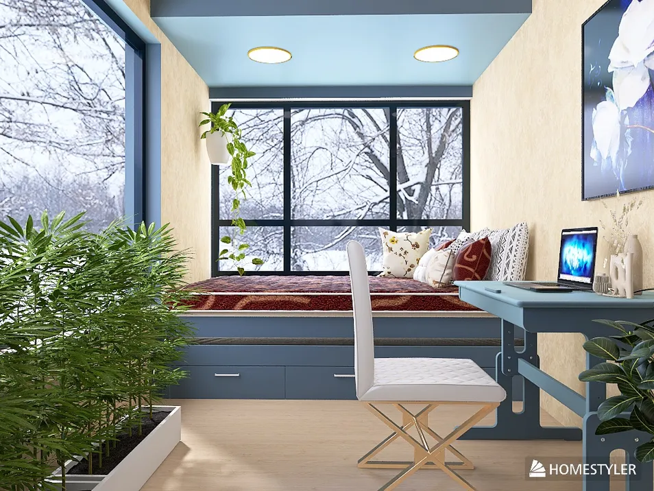 cozy bedroom nook with a workspace, creating a serene atmosphere, featuring modern decor and practical layout for interior design, highlighting Homestyler's smart furniture arrangement feature.