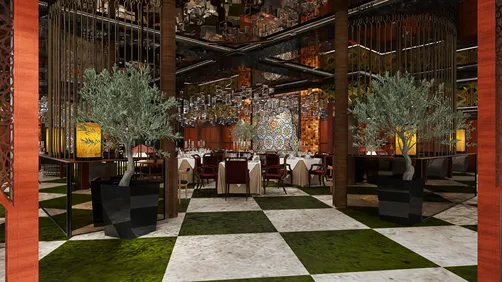 restaurant interior design featuring modern furniture arrangement in a contemporary style, showcasing a vibrant atmosphere with green plants and unique decor, utilizing Homestyler's real-time 3D rendering feature for efficient design preview.