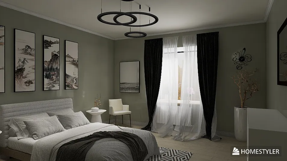 modern bedroom featuring a neatly arranged bed and stylish decor with smart furniture layout, showcasing an elegant and cozy interior design, utilizing Homestyler's real-time 3D rendering feature.