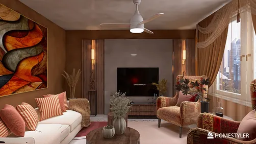 cozy living room redesign with vintage decor style featuring warm tones and artistic wall art using Homestyler's real-time 3D rendering feature