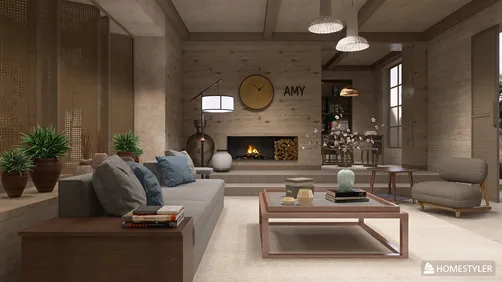 modern living room featuring a cozy seating arrangement with plants and stylish decor, showcasing a minimalistic interior design style that enhances the atmosphere of relaxation; utilizes Homestyler's real-time 3D rendering for instant visualization.