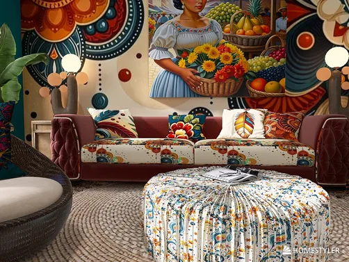 colorful living room with floral-patterned sofa and round coffee table featuring artistic wall mural design, showcasing vibrant home decor and interior design elements