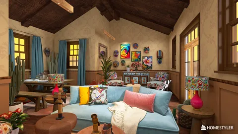 cozy living room design featuring colorful furniture arrangement in a rustic style, enhancing the warmth and vibrancy of the interior space; showcasing Homestyler's real-time 3D rendering feature.