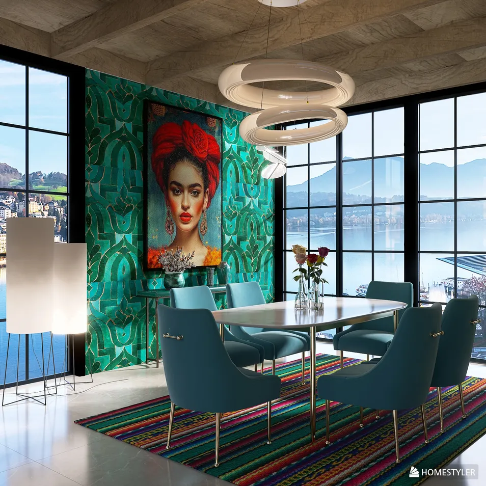 vibrant dining room featuring modern table arrangement with artistic decor, showcasing a lively bohemian style and optimizing space with Homestyler's real-time 3D rendering feature.