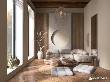 cozy living room arrangement featuring soft cushions and natural decor, designed with a minimalistic aesthetic, showcasing interior decor enhancement using Homestyler's real-time 3D rendering feature.