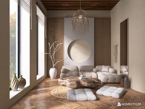 cozy living room arrangement featuring soft cushions and natural decor, designed with a minimalistic aesthetic, showcasing interior decor enhancement using Homestyler's real-time 3D rendering feature.