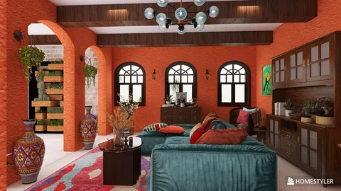 vibrant living room with stylish furniture arrangement featuring a cozy seating area, bohemian decor accents, showcasing interior design using Homestyler's real-time 3D rendering feature