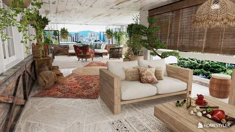 cozy outdoor living area featuring rustic wooden furniture and earthy decor elements, designed with a modern bohemian style; showcases Homestyler's real-time 3D rendering capability for effective design proposal presentation.