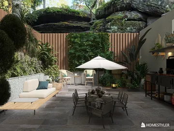outdoor garden seating arrangement creating a relaxing atmosphere with modern decor showcasing Homestyler's real-time 3D rendering feature