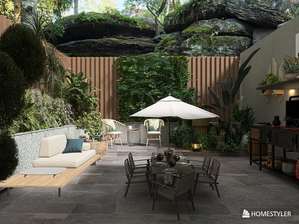 outdoor garden seating arrangement creating a relaxing atmosphere with modern decor showcasing Homestyler's real-time 3D rendering feature