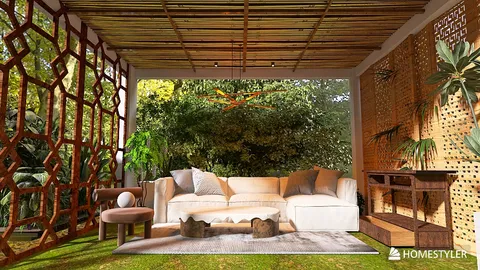 cozy living room with a natural wood ceiling and bamboo decor showcasing an immersive tropical theme, featuring interior design visualization with Homestyler's real-time 3D rendering function.