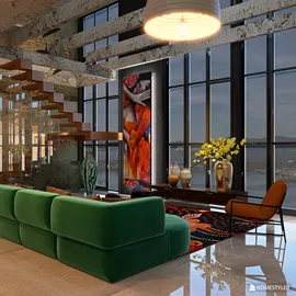 Modern living room with a green sofa featuring smart furniture arrangement to optimize space in a contemporary style; showcasing Homestyler's real-time 3D rendering capability.