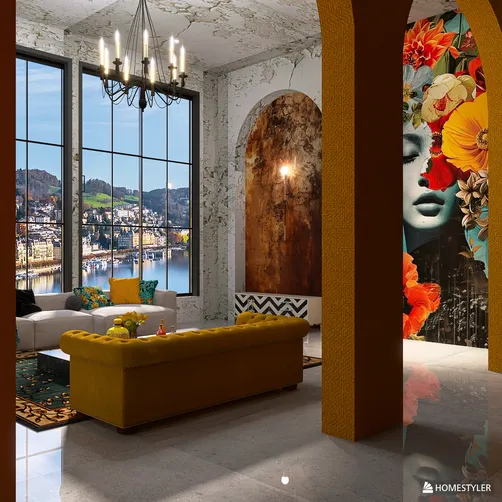 Living room with a vibrant floral accent wall and bold yellow sofa, showcasing a modern and artistic interior design style, featuring Homestyler's real-time 3D rendering for effective design proposal visualization.