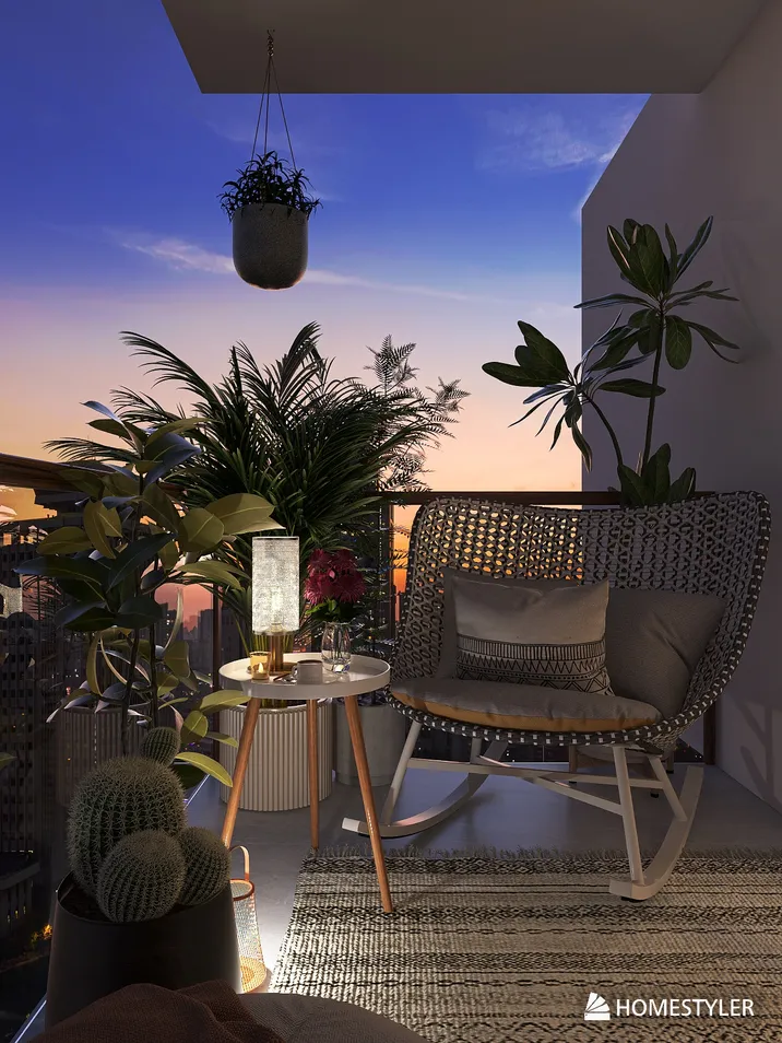 Cozy outdoor seating area with a wicker chair and a small table, designed in a modern style, enhancing the balcony space value using Homestyler's real-time 3D rendering feature.