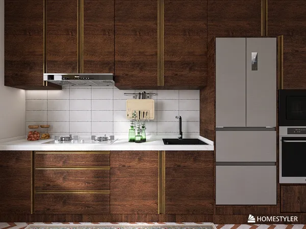 Modern kitchen with sleek appliances and wooden cabinetry featuring a 3D design render by Homestyler for a stylish interior decor.