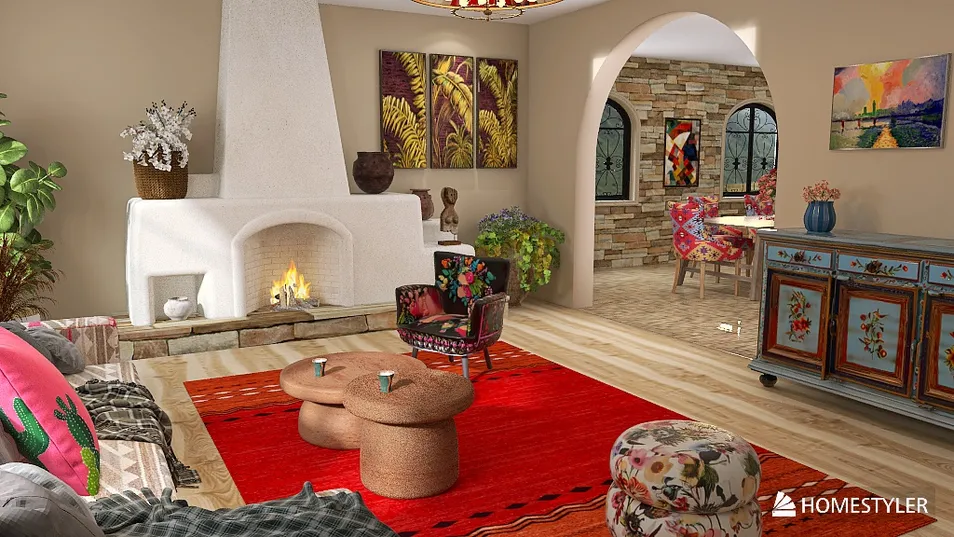 cozy living room featuring a rustic fireplace and colorful artwork, showcasing a bohemian style with vibrant decor, highlighting the interior decor capabilities of Homestyler's real-time 3D rendering.