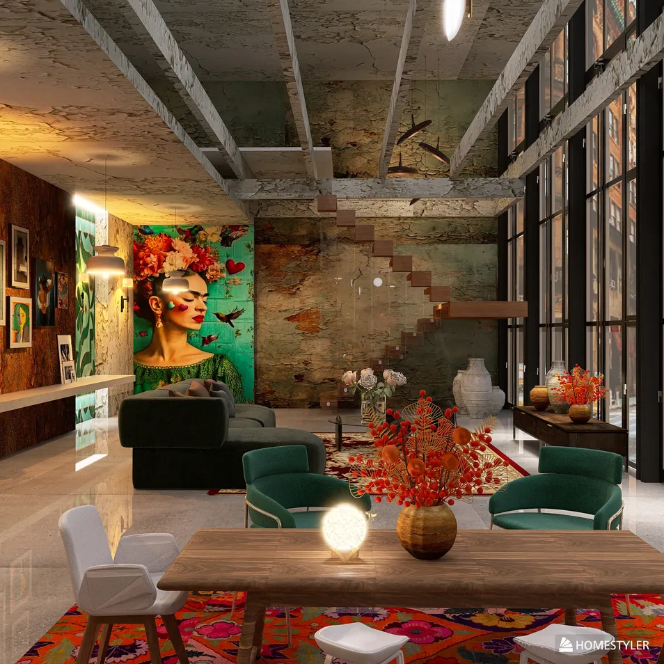 modern living room featuring vibrant artwork and contemporary furniture, designed with Homestyler's real-time 3D rendering for an immersive interior design experience.