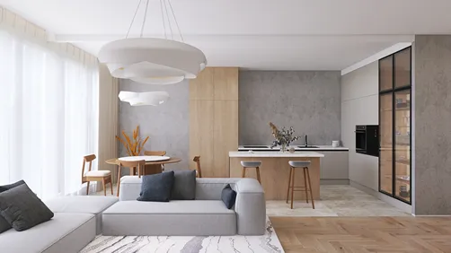 modern living room with kitchen area featuring open layout and natural light, showcasing minimalistic style and contemporary interior decor with Homestyler's real-time 3D rendering feature.