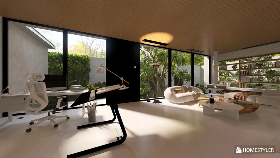 Modern home office interior design featuring a spacious layout with a minimalist desk arrangement and ample natural light, optimized with Homestyler's real-time 3D rendering for an inviting workspace.