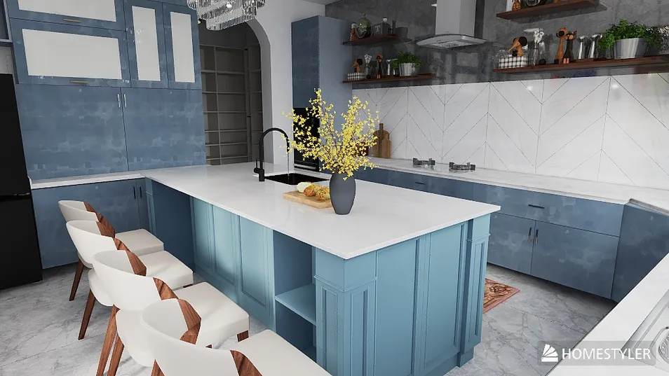 Modern kitchen design featuring blue cabinetry and white countertops, showcasing a spacious layout and functional elegance, enhanced by Homestyler's real-time 3D rendering feature.