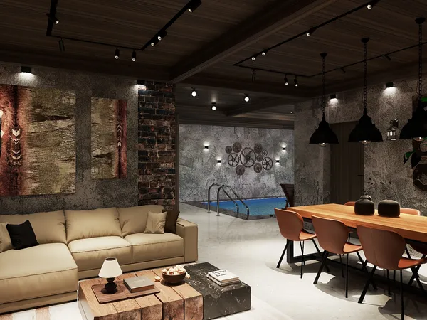 living room with swimming pool view featuring modern furniture arrangement in an industrial style, showcasing Homestyler's real-time 3D rendering for interior design.