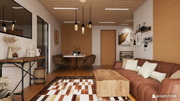 cozy living room with stylish furniture arrangement showcasing modern design elements, highlighting space optimization for a compact layout using Homestyler's intelligent furniture layout feature.