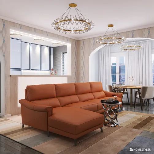 Modern living room featuring a stylish orange sectional sofa with a sleek design, utilizing Homestyler's real-time 3D rendering for an effective interior decor visualization.