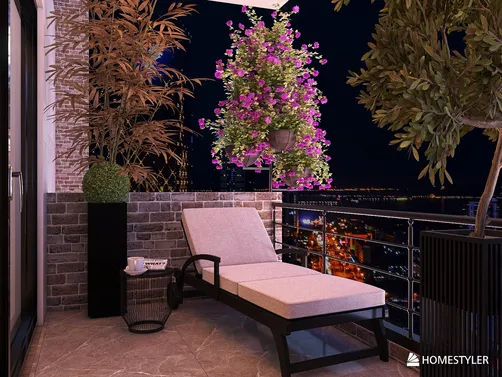 outdoor balcony furniture arrangement relaxing with modern design enhancing urban space value, utilizing Homestyler's real-time 3D rendering feature