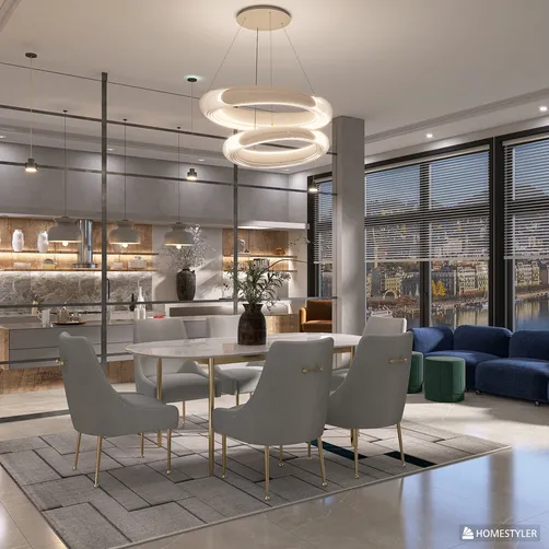 modern dining area featuring stylish chairs and a contemporary pendant light, showcasing an elegant interior design with a focus on open space optimization, utilizing Homestyler's real-time 3D rendering feature.