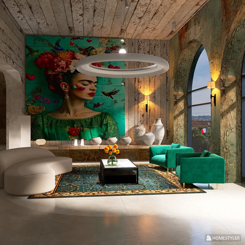 living room featuring vibrant artwork and modern furniture arrangement in an eclectic style showcasing interior decor optimization with Homestyler's real-time 3D rendering feature.