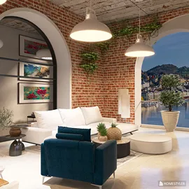 Modern living room with cozy furniture arrangement featuring a stylish sofa and armchair, enhanced by rustic brick walls and large windows showcasing a waterfront view, utilizing Homestyler's real-time 3D rendering for an immersive interior design experience.