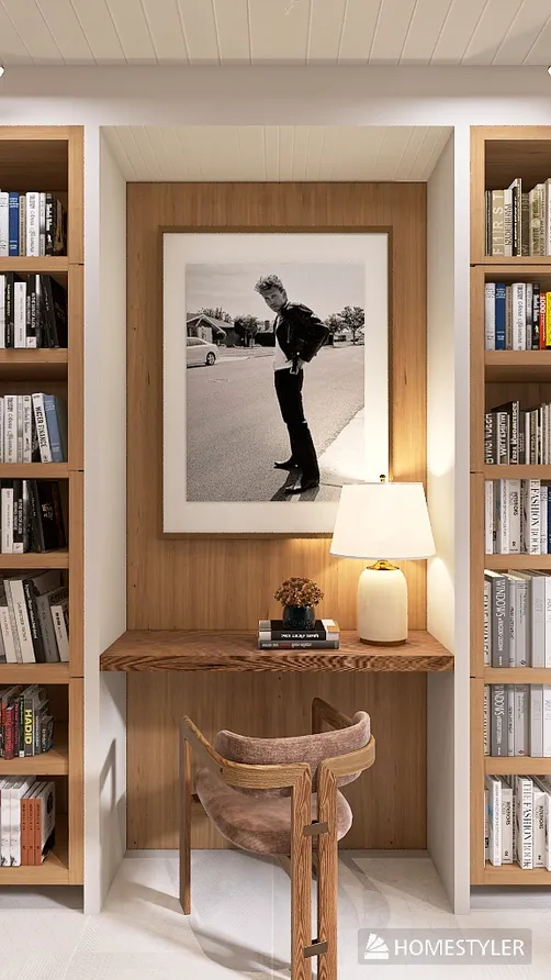 cozy reading nook with a wooden desk and chair, styled with a minimalist aesthetic, offering a perfect space for studying or working, featuring Homestyler's real-time 3D rendering for design previews.