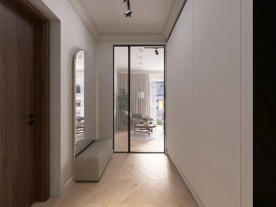 Modern hallway design featuring a sleek mirrored wall and stylish furnishings, showcasing a contemporary interior decor aesthetic; highlights the real-time 3D rendering feature of Homestyler.