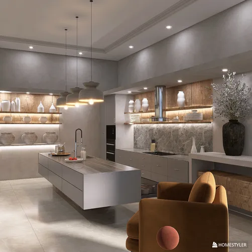 Modern kitchen design featuring a sleek island with decorative lighting, showcasing a sophisticated style with an emphasis on spatial efficiency, optimized using Homestyler's real-time 3D rendering.