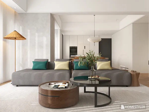 Modern living room design featuring a cozy sofa arrangement and stylish coffee tables, showcasing an inviting atmosphere that emphasizes comfort and elegance; ideal for interior decor enthusiasts exploring contemporary design options with Homestyler's real-time 3D rendering.