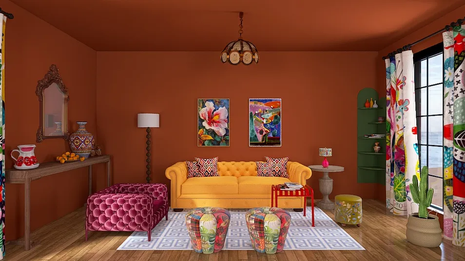 Colorful living room featuring a vibrant yellow sofa, decorative pillows, and artistic wall decor, showcasing interior design using Homestyler's real-time 3D rendering for an immersive experience.