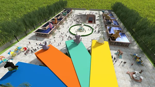 Colorful interactive installations enhancing outdoor recreational area design with engaging attractions and a family-friendly environment, showcasing Homestyler's real-time 3D rendering feature.