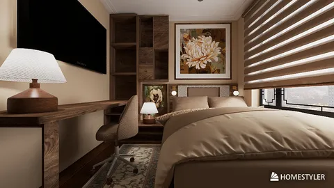 cozy bedroom featuring a wooden desk and chair, designed in a modern rustic style, showcasing Homestyler's real-time 3D rendering capability.