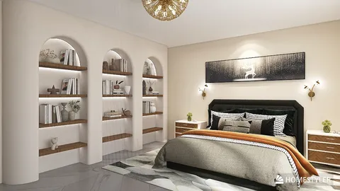 modern bedroom design featuring stylish accent shelves and cozy bedding arranged beautifully to enhance the space's warmth, optimized with Homestyler's real-time 3D rendering capability.