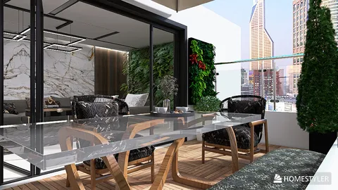 modern outdoor dining area featuring a glass table and stylish seating with a biophilic design, enhancing the balcony space value, utilizing Homestyler's real-time 3D rendering feature for design visualization.