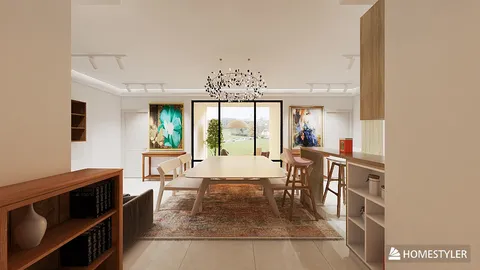 Modern dining area featuring a spacious table surrounded by stylish chairs, designed with a contemporary aesthetic, showcasing interior decor elements using Homestyler's real-time 3D rendering feature.