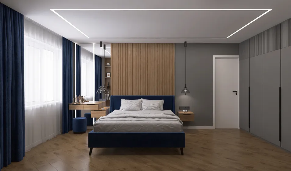 modern bedroom design featuring a cozy bed with blue upholstery, smart furniture arrangement optimizing the space, sleek contemporary style, showcasing interior decor with Homestyler's real-time 3D rendering feature.