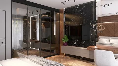 modern bedroom design featuring elegant wooden accents and bold black marble walls, showcasing a sophisticated interior decor style using Homestyler's real-time 3D rendering for a realistic preview of the renovation.